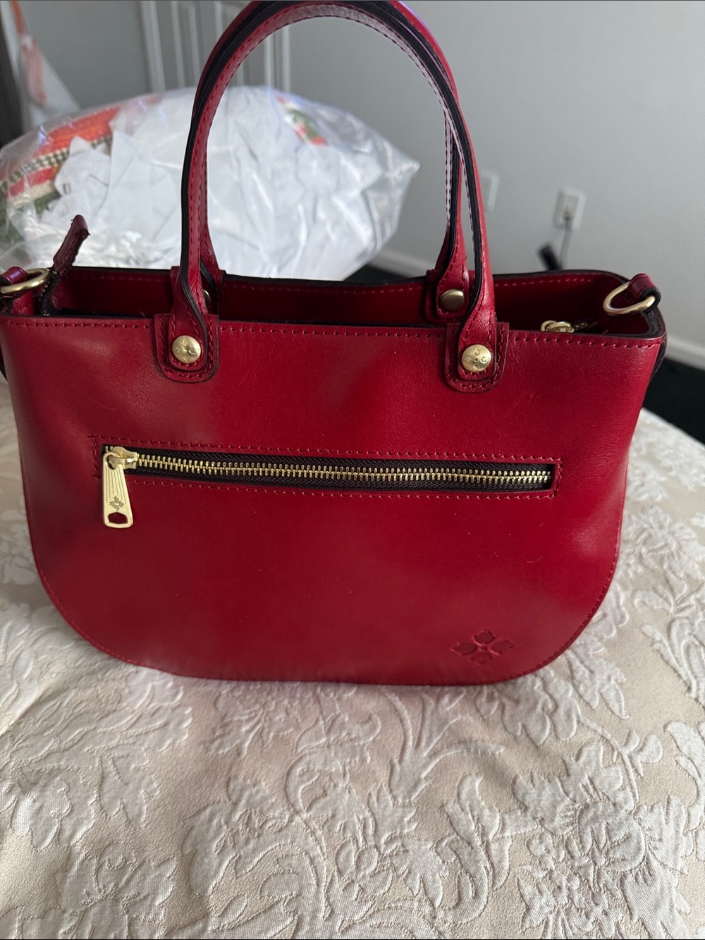 Patricia Nash Red Floral Embossed Leather Shoulder Bag with Gold-Tone Accents - Picture 2 of 3